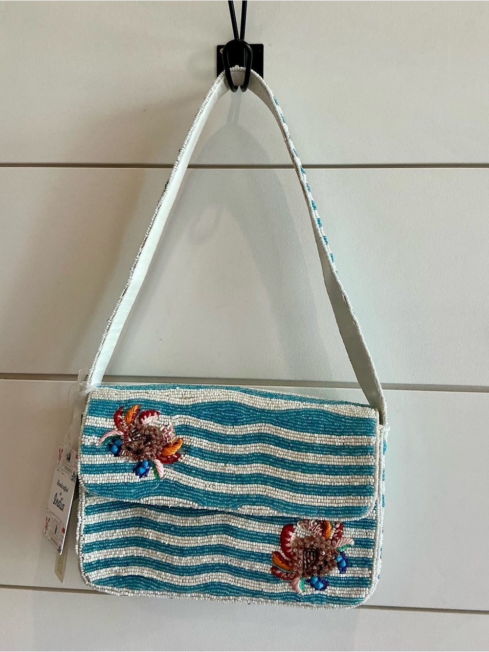 VIRAL Beaded Turquoise Striped Shoulder Bag with Crab Embellishment